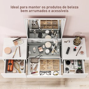 Toucador de Maquilhagem com Espelho Bancada de Vidro 3 Gavetas Mesa de Maquilhagem Moderna 105,5x30x130,5 cm Branco