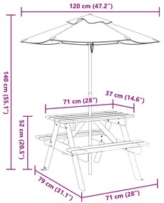 Mesa de piquenique para 4 crianças com guarda-sol abeto maciço