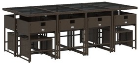 13 pcs conjunto jantar p/ jardim c/ almofadões vime PE castanho