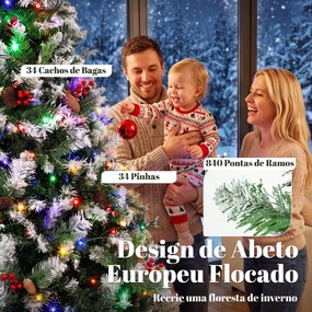 Árvore de Natal Nevada 180 cm com 250 LED 11 Modos Comando à Distância 840 Pontas 34 Pinhas e 34 Bagas Verde