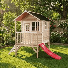 Casa de brincar infantil exterior para crianças Loft 300 em madeira com escorrega - natural