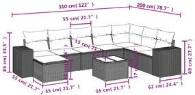 9 pcs conjunto de sofás p/ jardim c/ almofadões vime PE preto