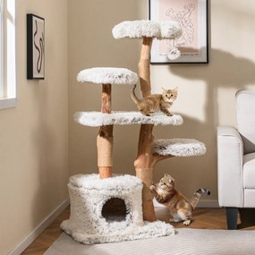 Arranhador Gatos 135 cm Torre de madeira com ramos naturais e postes de arranhar em juta Branco + Natural