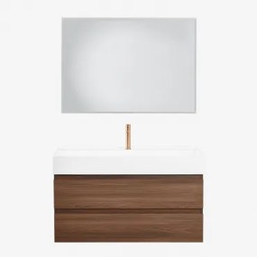 Conjunto De Móvel De Casa De Banho Suspenso Em Madeira E Folha De Freixo Com Lavatório Integrado Ona Led Retangular E Anti-embaciamento 100x70 Cm Ribe