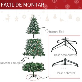 Árvore de Natal Artificial Ø90x180cm com 1111 Ramos de PVC e 59 Pinhas Base Dobrável e Suporte de Aço Decoração de Natal para Interiores Verde