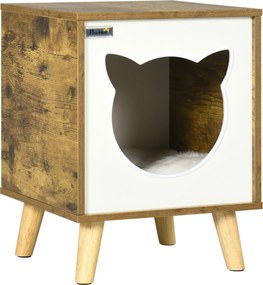 PawHut Casa Madeira Gatos Caverna Almofada Lavável Pés Elevados Conforto Segurança 34x34x44 cm Marrom | Aosom Portugal