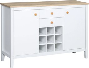 HOMCOM Aparador de Cozinha com 2 Gavetas 2 Armários com Prateleiras Ajustáveis e Suporte para 9 Garrafas 110x35x75 cm Branco e Madeira | Aosom Portugal