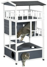 PawHut Casa para Gatos Caseta de madeira em abeto com espaço amplo com 4 pisos e espaço destacável para areia 75,5x75x137 cm