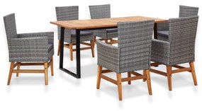 vidaXL 7 pcs conj. jantar p/ exterior vime PE madeira acácia cinzento
