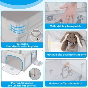 Parque infantil 206 x 147 x 68,5 cm com padrão Pinguim Tapete Centro de atividades Atóxico Bolas Transpirável Fecho de correr Cinza