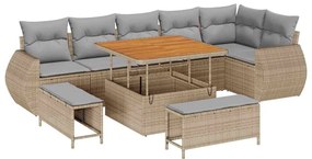Conjunto de Sofá de Jardim 9 Peças com Almofadas Bege em Rattan Sintét