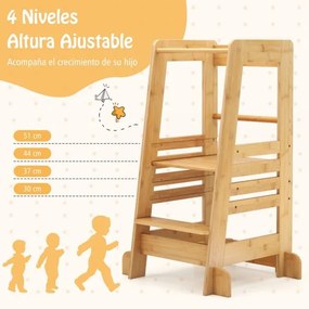 Torre de aprendizagem 60 x 58 x 91 cm para crianças de bambu para crianças com altura ajustável em 4 níveis Barras de segurança natural