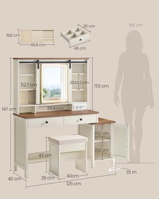 Toucador com iluminação e espelho com banco 40 x 125 x 147 cm, com estação de carregamento e várias gavetas branco vintage-castanho mel