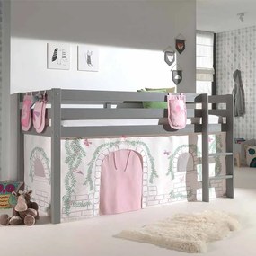 Conjunto Cama alta de Criança PINO 90 x 200 cm + estrado + escada + cortina + 3 Bolsas Pássaro Cinzenta