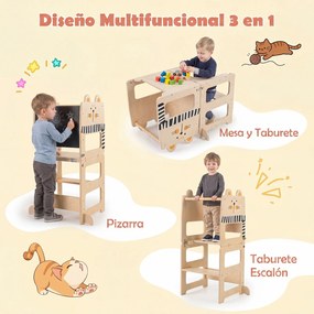 Torre de Aprendizagem Infantil 3 em 1, 63 x 39 x 93,5 cm, Convertível em Secretária e Banco, Natural