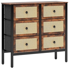 HOMCOM Cómoda para Dormitório Cómoda de Tecido com 6 Gavetas Dobráveis com Frentes de Vime 88x30x83 cm Marrom Rústico | Aosom Portugal