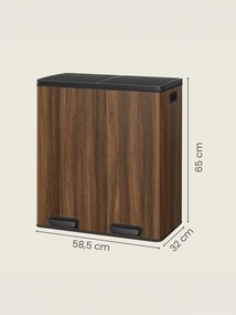 Caixote do lixo 58,5 x 32 x 65 cm de 60 L com  2 compartimentos, caixotes interiores removíveis com pedal castanho