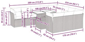 11 pcs conjunto sofás de jardim c/ almofadões vime PE preto