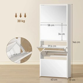 Sapateira Estreita com Espelho 4 Portas Abatíveis para 12 Pares de Sapatos para Espaços Reduzidos 63x17x146 cm Branco