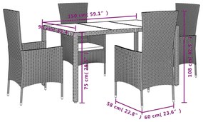 5 pcs conjunto de jantar p/ jardim com almofadões vime PE bege