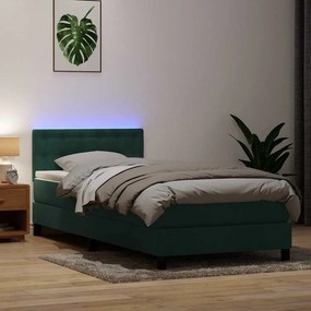 vidaXL Cama box spring c/ colchão e LED verde-escuro 80x210 cm veludo