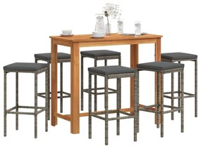 7 pcs conjunto de bar p/ jardim acácia maciça/vime PE cinzento