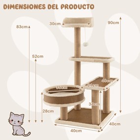 Arranhador para gatos de interior de 4 níveis com tapete de rattan Bola suspensa Brinquedo para arranhar Postes de poleiros Plataformas superiores Nat