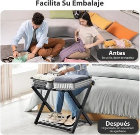 Estante dobrável de metal para bagagens até 60 kg com 4 correias estáveis e 2 pisos para casa e hotel 68 x 43 x 58 cm Preta