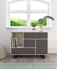 Aparador da sala de jantar, Aparador-Buffet WIND 1 porta, 3 gavetas, Cor da estrutura Carvalho e cor da porta e gavetas Cinza antracite, 120x40x86cm.