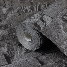 Papel parede 3D c/ aspeto de pedra 10x0,53 m não-tecido preto