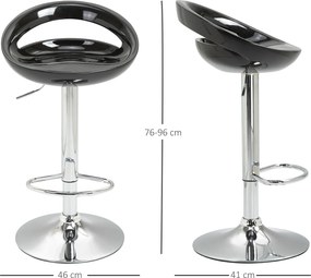 Conjunto de 2 bancos de bar com altura ajustável, encosto e apoio para os pés, giratórios a 360°, 46 x 41 x 76–96 cm, preto