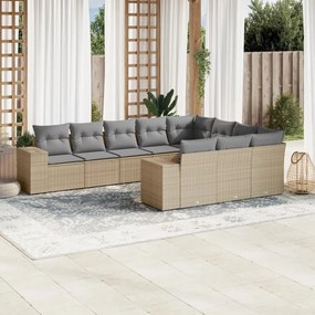 10 pcs conjunto de sofás p/ jardim com almofadões vime PE bege