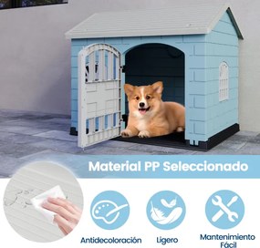 Casota de plástico para cães com 3 janelas e porta com fechadura, telhado inclinado, para interior e exterior, 75 x 58 x 65 cm, Azul Claro