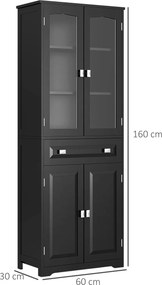 Armário alto de cozinha com 4 portas, das quais 2 com vidro, e 1 gaveta, com 160 cm de altura e prateleiras em madeira preta