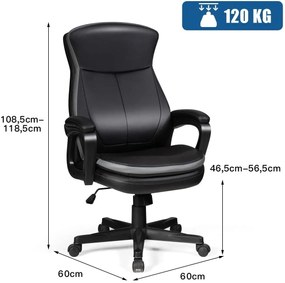 Cadeira de Escritório Ergonómica com Apoio Lombar Regulável em Altura e Assento Estofado para Casa e Escritório 60 x 60 x 108,5-118,5 cm Preto e