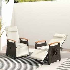Poltrona jardim de rattan com encosto e apoio para os pés ajustáveis, mesinha rebatível, apoio para a cabeça removível, braços em madeira de acácia, t