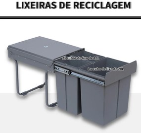 Cubos de Lixo para Cozinha com 3 recipientes de Reciclagem Removíveis 1x20L e 2x10L Metal e Plástico 48x34,2x41,8cm Cinza