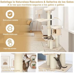 Arranhador para gatos com 4 postes de arranhar Plataforma de sisal Centro de actividades em pelúcia para gatos 75 x 56 x 174 cm Natural