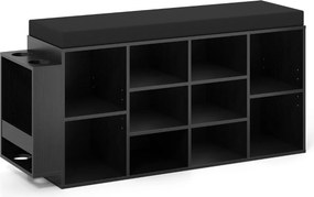 Banco sapateira 30 x 110 x 52,5 cm com suporte para guarda-chuvas, 10 compartimentos, assento acolchoado e prateleiras ajustáveis, preto