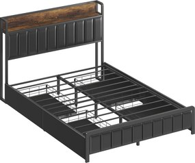 HOMCOM Estrutura de Cama 140x190 cm com Estrado de Ripas Metálicas Cama de Casal Estofada com 4 Gavetas e Prateleira Preto | Aosom Portugal