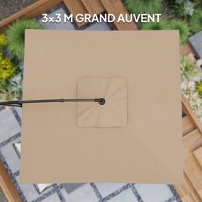 Guarda-sol de 3 x 3 m com manivela, base em cruz, inclinação e rotação de 360°, lona de 180 g/m² em tom cáqui