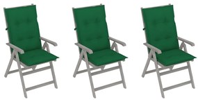 Cadeiras jardim reclináveis c/ almofadões 3 pcs acácia maciça