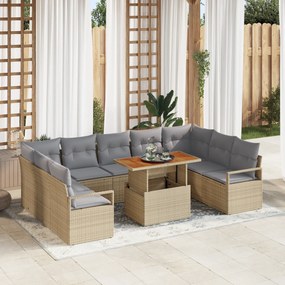 Conjunto de Sofá de Jardim com Almofadas vidaXL 10 Peças Bege Vime Poliéster Acácia