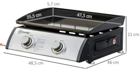 Chapa a Gás de Mesa com 2 Queimadores de Aço Inoxidável 6 kW Portátil para Piquenique Campismo 48,5x46x21 cm Preto e Prata