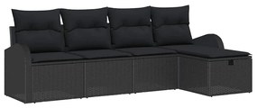 Conjunto de Sofá de Jardim de 5 Peças com Almofadas Preto Vime Polímer
