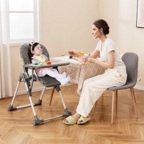 Cadeira refeição alta dobrável para bebés, cadeira infantil com função reclinável e altura ajustável, cinzenta