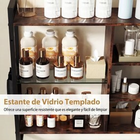 Prateleira suspensa moderna 107 x 24 x 96 cm, 6 níveis, 8 ganchos e bolso lateral para cozinha, bar ou casa – Preta e castanha