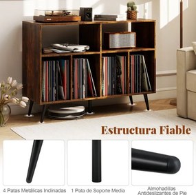 Suporte para gira-discos e discos vinil com 2 prateleiras abertas e 4 compartimentos para sala de estar ou quarto 100 x 40 x 74,5 cm Castanho e preto