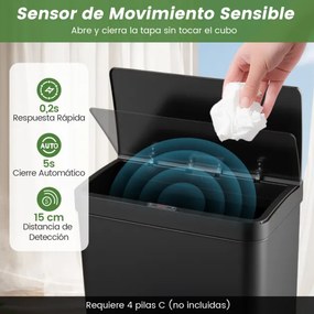 Caixote do lixo em aço inoxidável de 56 litros com sensor de movimento e 2 caixotes do lixo removíveis preto