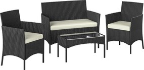Outsunny Conjunto de Móveis de Jardim em Vime Sintético com Sofá Poltronas e Mesa de Vidro Temperado com Almofadas Preto e Creme | Aosom Portugal